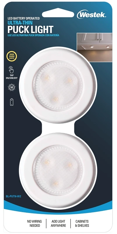 Compact Puck Lights, Battery Operated, White, 2-Pk.