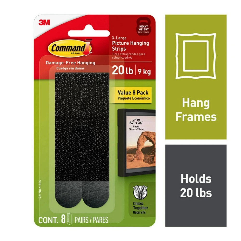 Heavyweight Picture Hanging Strips, Black, 8 Pairs, X-large, 20 Lbs Capacity