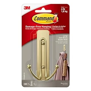 Large Satin Brass Double Hook With Command Adhesive, 1 Hook, 4 Lbs Capacity