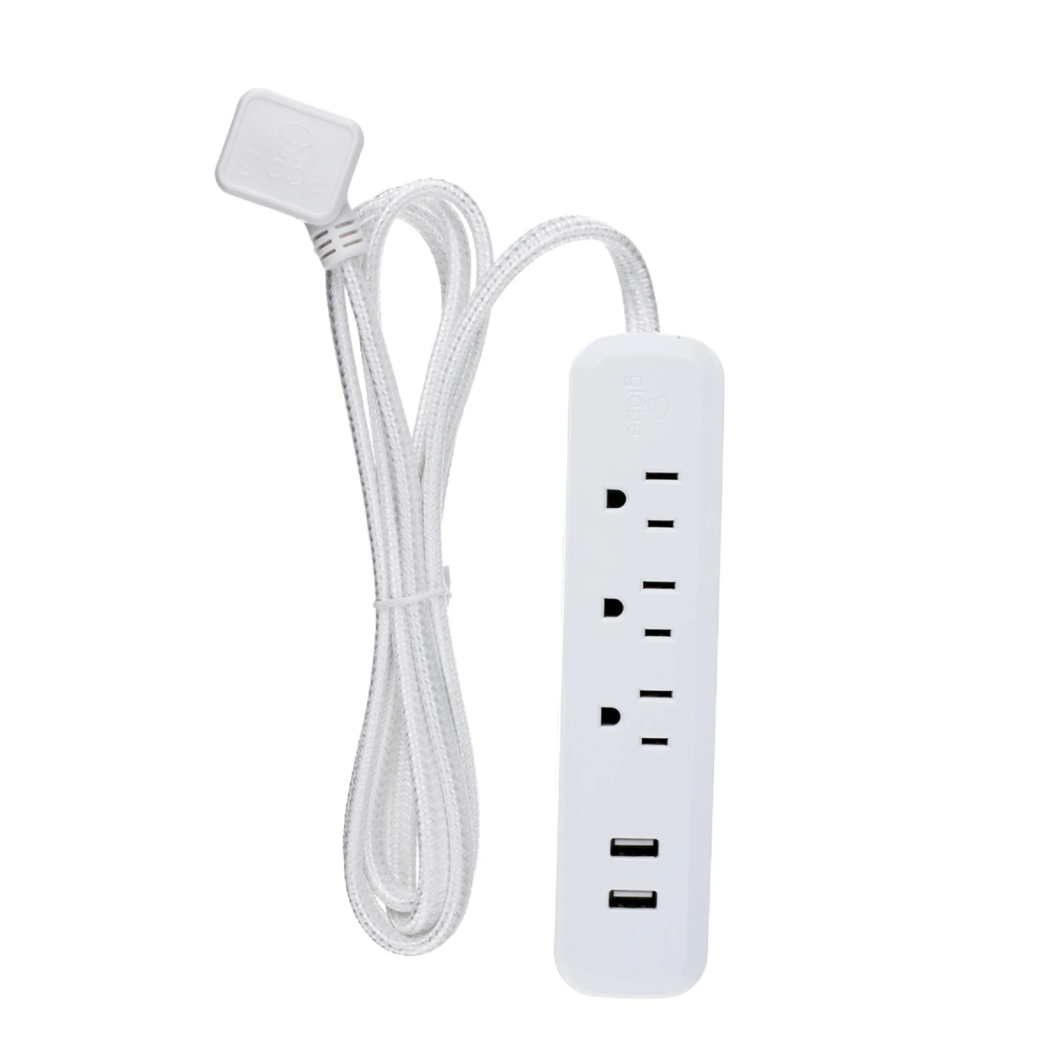 Power Strip, 2 USB Ports, Fabric-Covered Cord, White, 6-Ft.