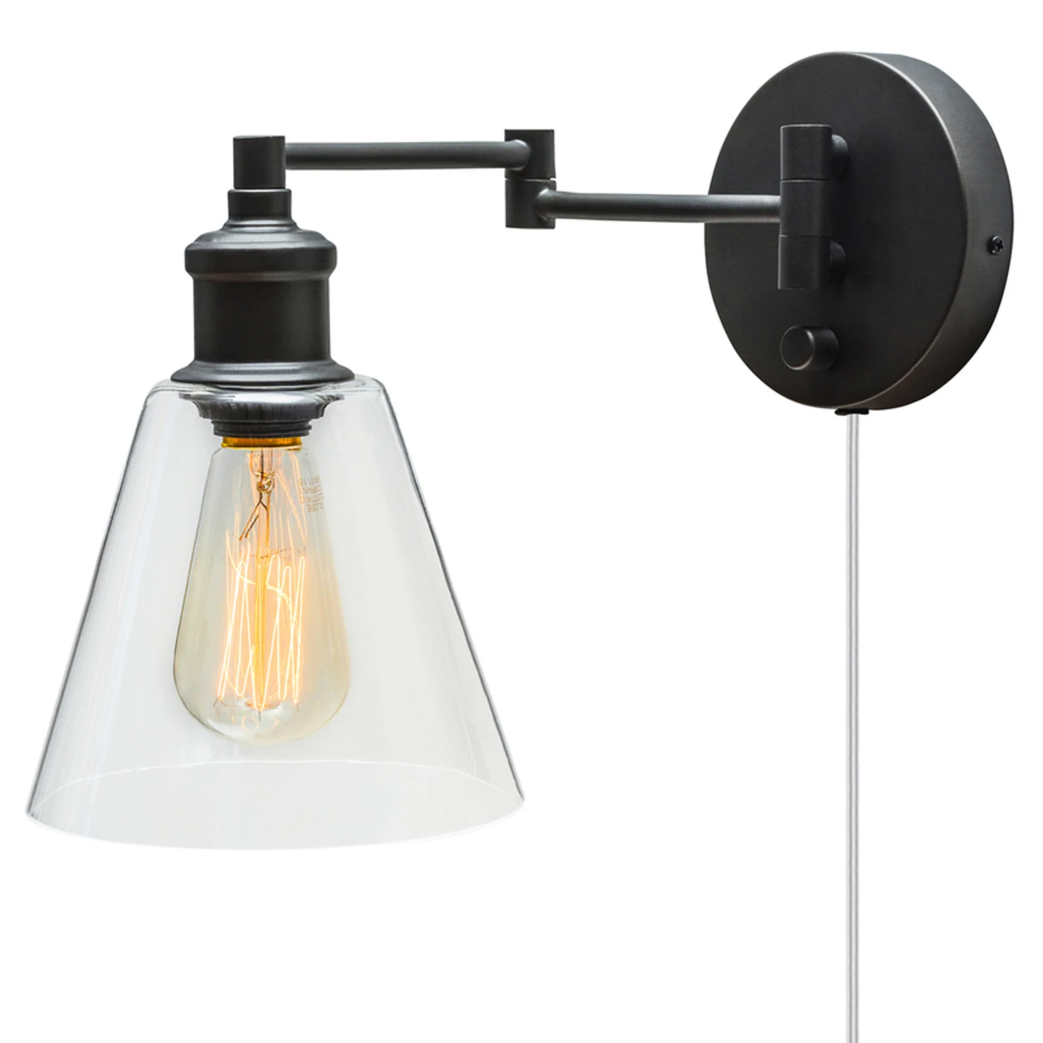 Wall Sconce Light Fixture, Plug-In Installation, Dark Bronze Finish, Clear Glass Shade, 60 Watt Maximum