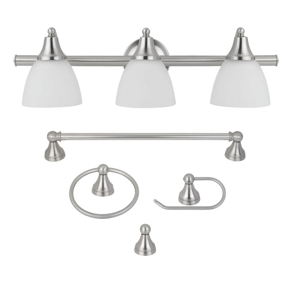 Three-Light Vanity Light Fixture with Frosted Glass Shades and Brushed Steel Finish