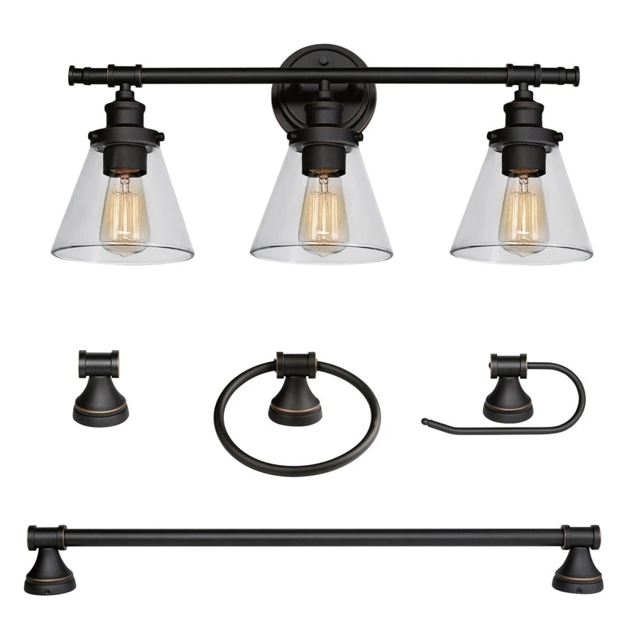 Parker Five Piece Bathroom Set with Three Light Vanity Fixture and Bath Hardware in Oil Rubbed Bronze Finish