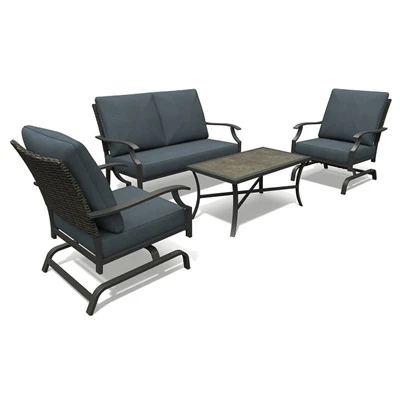 Belmont Four Piece Outdoor Seating Set with Two Rocking Chairs, Loveseat, Tile Top Table, Steel Frame and Brown Wicker