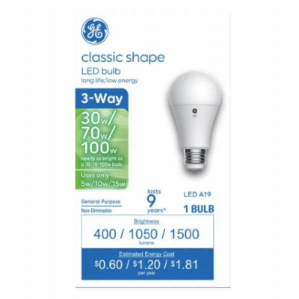 LED Three-Way Light Bulb A19 Medium Base 5 Watt 10 Watt 15 Watt