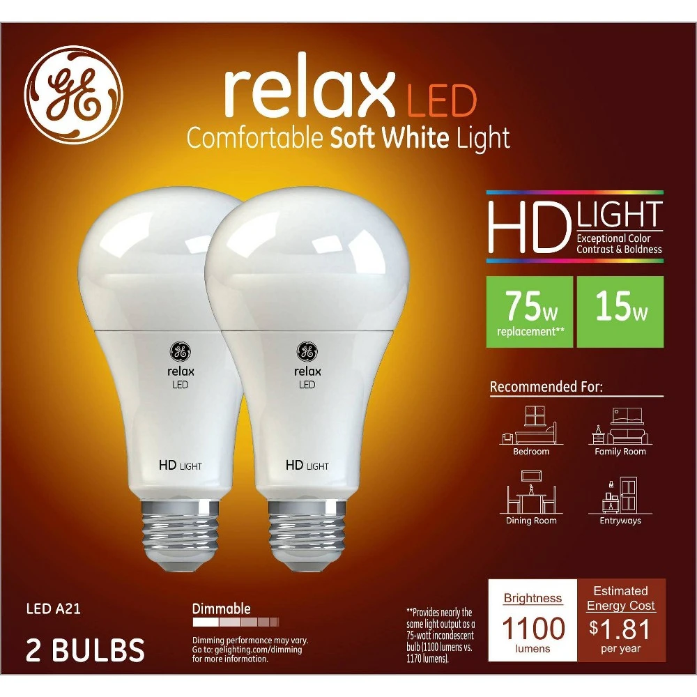 Relax LED Light Bulb, Soft White, A19 Medium Base, 10.5 Watt, 2-Pk.