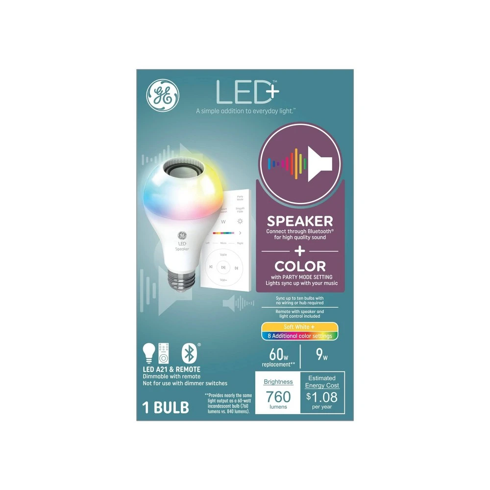 LED+ Speaker Light Bulb with Remote, Multicolor Syncs to Music, A21, 9 Watt