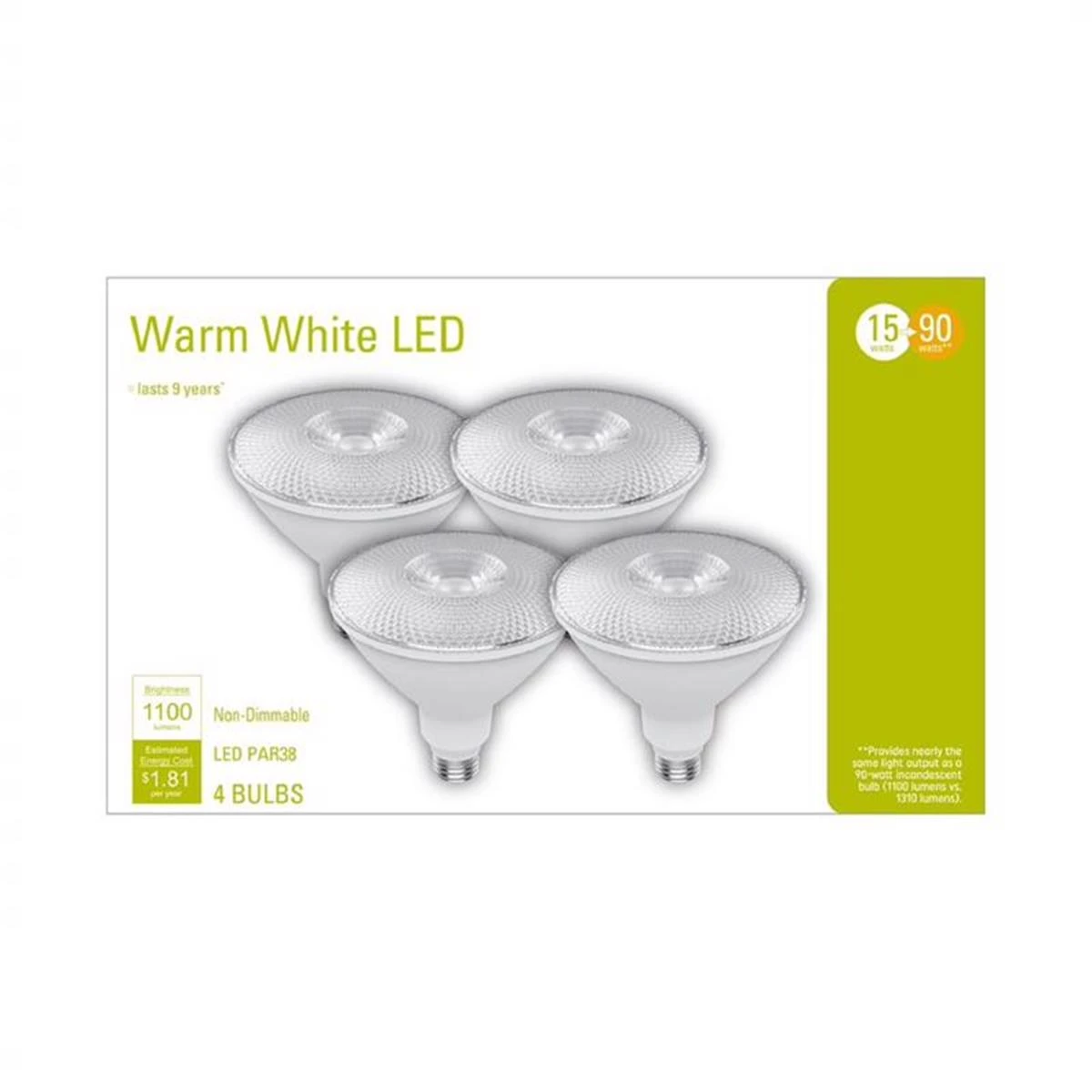 Led Light Bulbs, Warm White, 1200 Lumens, 15 Watt, 4-pk, Par 38