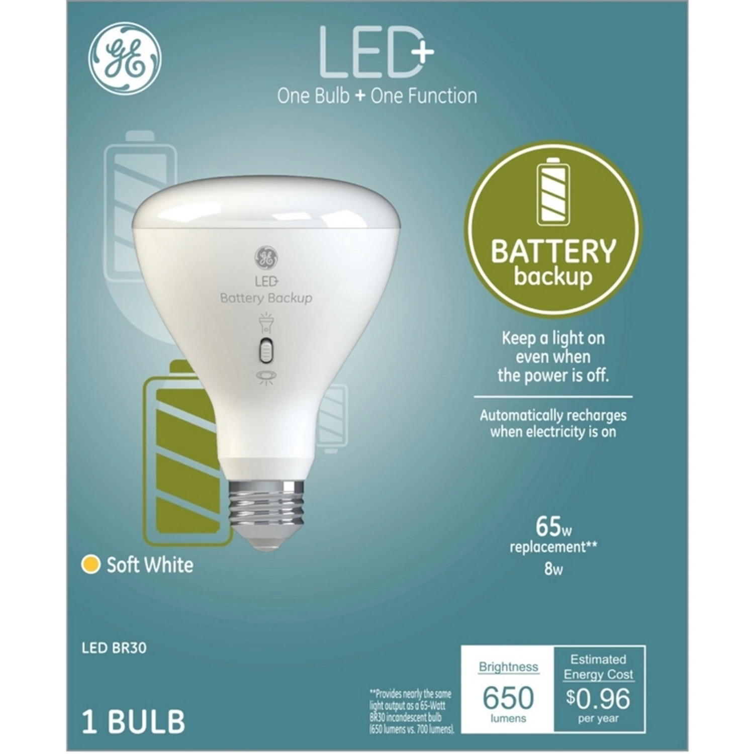 LED+ Battery Back Up Bulb, Br30, 650 Lumens, 8 Watt