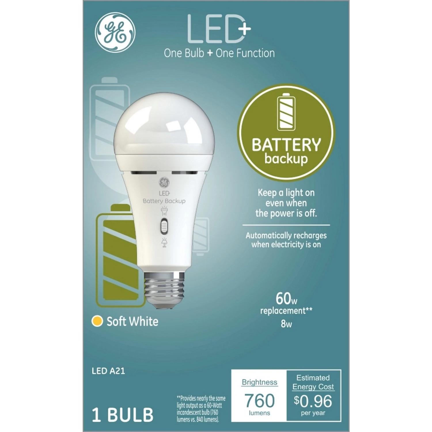 LED+ Battery Back Up Bulb, A21, 760 Lumens, 8 Watt