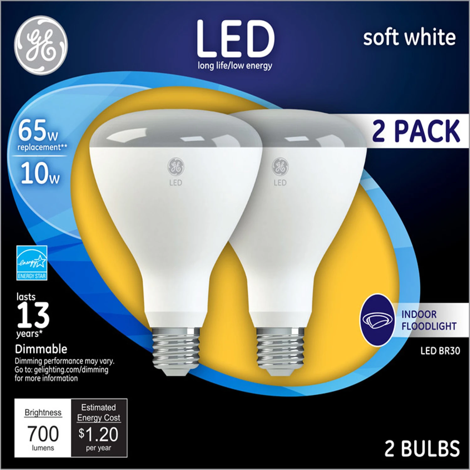 LED Floodlight Bulbs, Indoor, Soft White, 700 Lumens, 10 Watt, 2-Pk.
