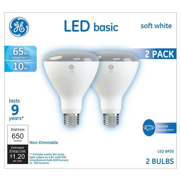 LED Indoor Floodlight Bulbs, BR30, White, 9 Watt, 2-Pk.