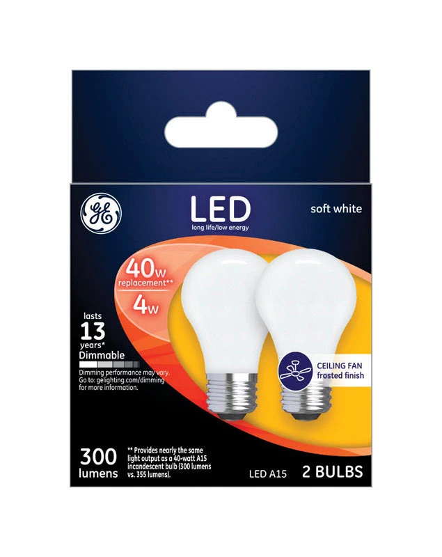 Ceiling Fan LED Light Bulbs, Soft White, Frosted, Dimmable, 300 Lumens, 4 Watt, 2-Pk.