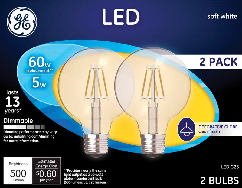LED Globe Light Bulbs, Soft White, Clear, Dimmaable, 500 Lumens, 5 Watt, 2-Pk.
