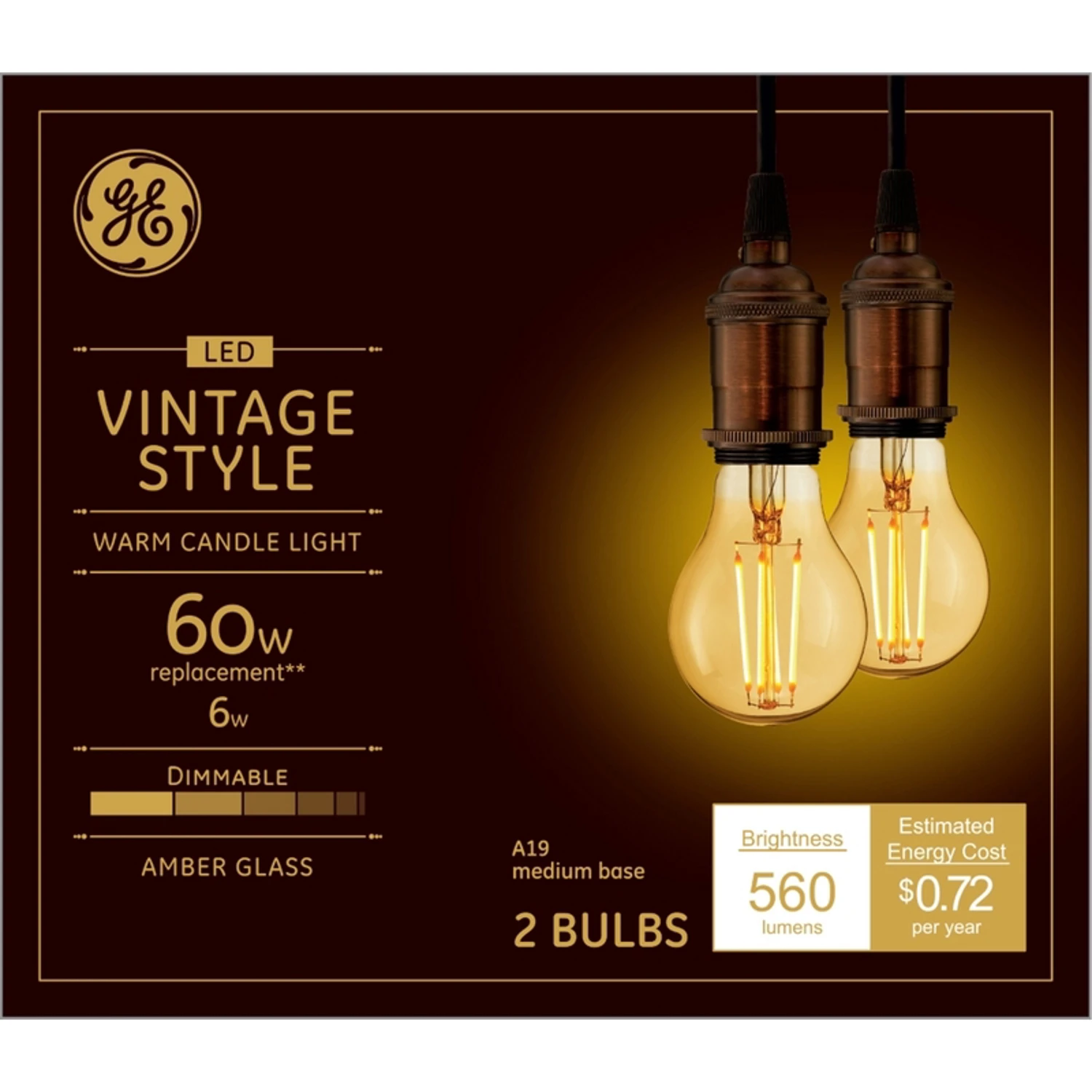 LED Vintage Light Bulbs, A19, Medium Base, 6 Watts, 2-Pk.