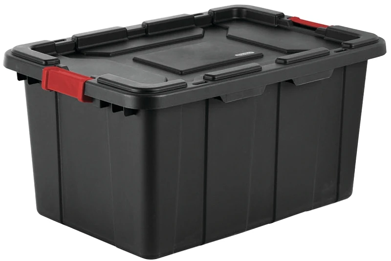 27 Gallon Industrial Tote, Black With Red Latches, Durable Storage Solution