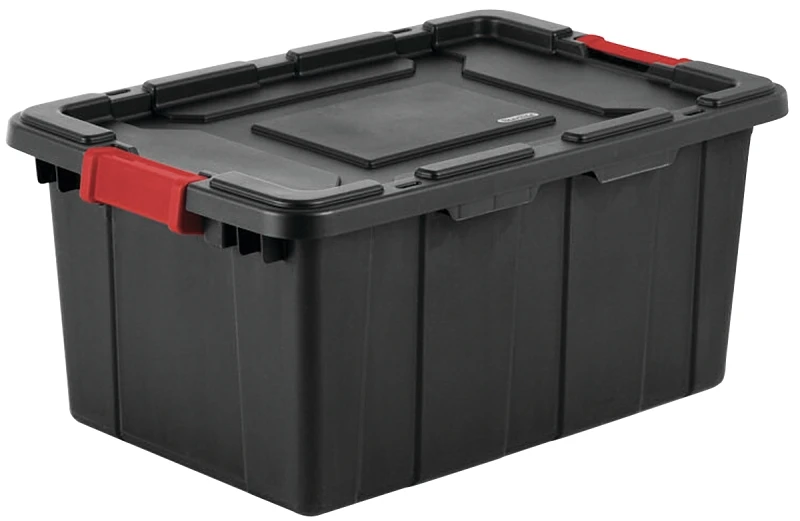 15 Gallon Industrial Tote, Black With Yellow Latches, Durable Storage Solution
