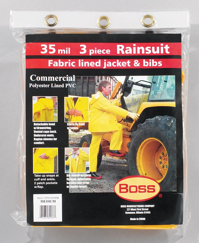Three Piece Rain Suit with Jacket, Pants, and Detachable Hood, Yellow Polyvinyl Chloride, Medium Size