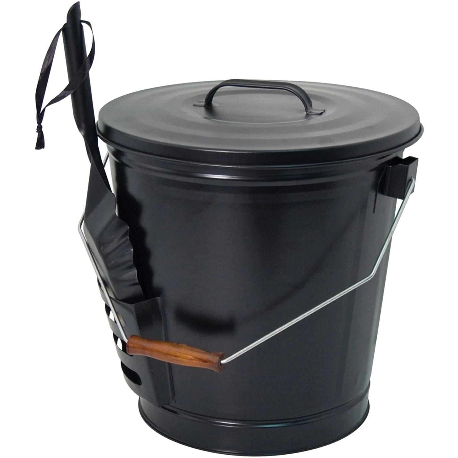 Black Matte Metal Ash Container And Shovel Set - 14.5" Height, 12.5" Diameter
