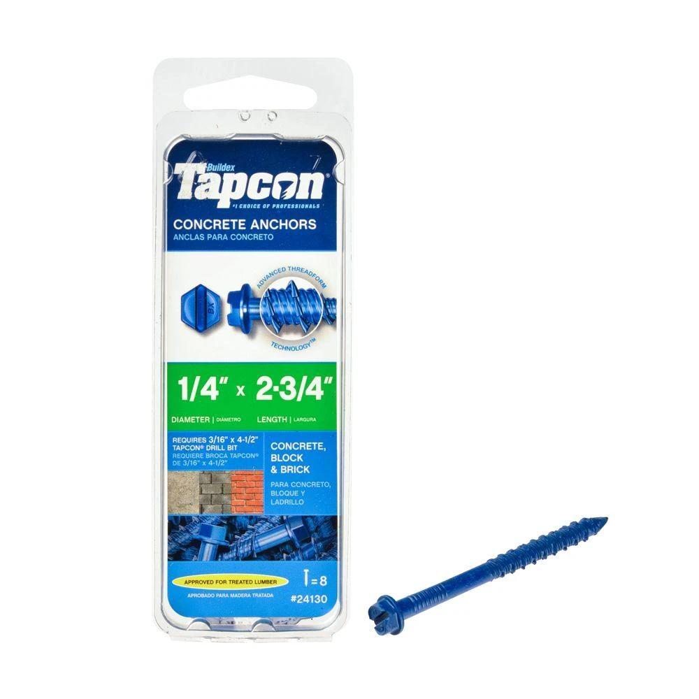Concrete Anchors, Hex Washer Head, 1/4 x 2-3/4 In., 8-Pk.