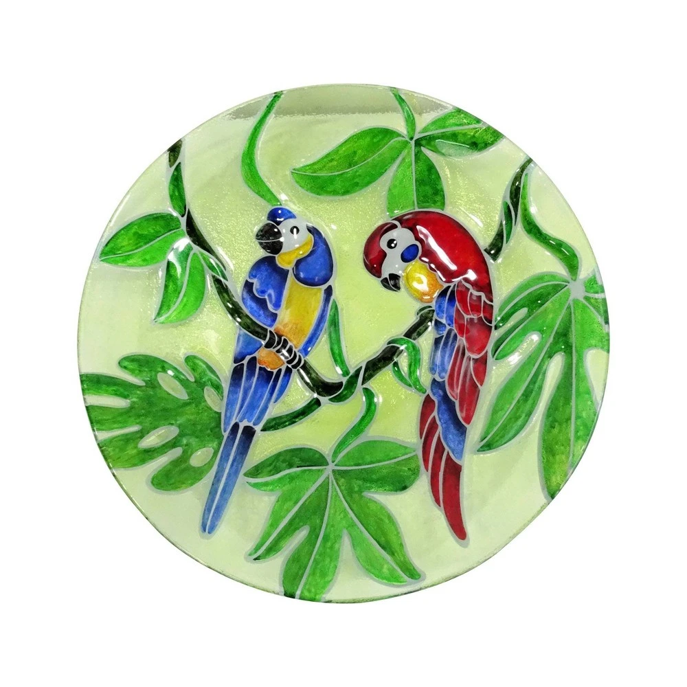 18 Inch Round Outdoor Glass Birdbath With Colorful Parrot Design
