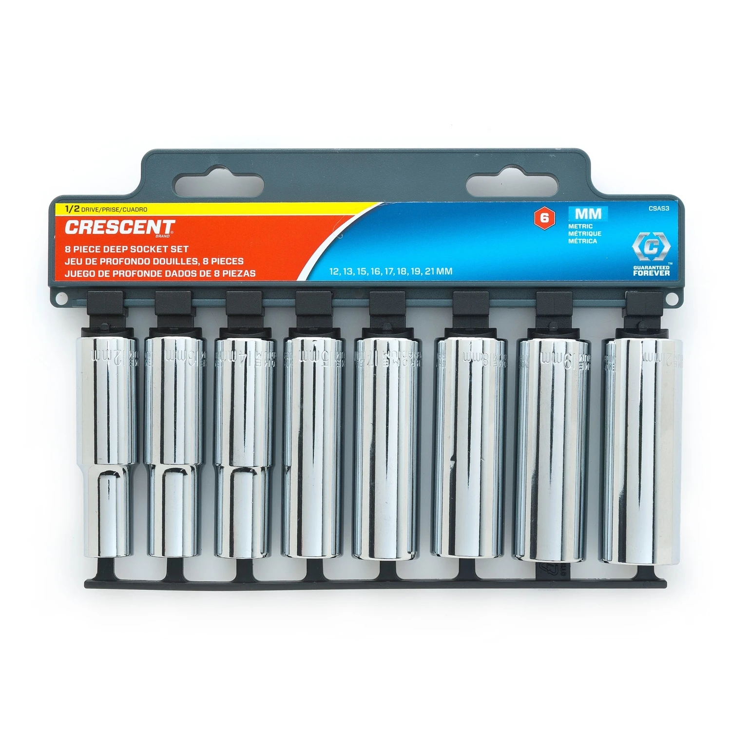 1/2 In. Drive Metric 6 Point Deep Well Socket Set, Assorted Sizes, 8 Pieces