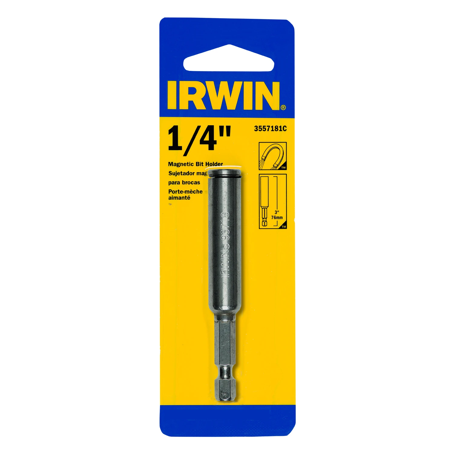 Irwin 3557181C Series Bit Holder with C-Ring, 3 in L, 1/4 in Drive, Hex Drive, 1/4 in Shank, Hex Shank, Steel, 1/CD