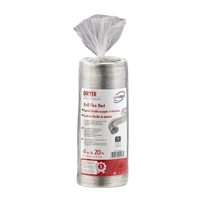 Clothes Dryer Transition Foil Flexible Duct, UL 2158A Certified, 4 Inch Diameter by 20 Feet Length
