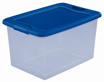 Latch Storage Box, Clear Base, Blue Lid & Latches, 64 Qts.