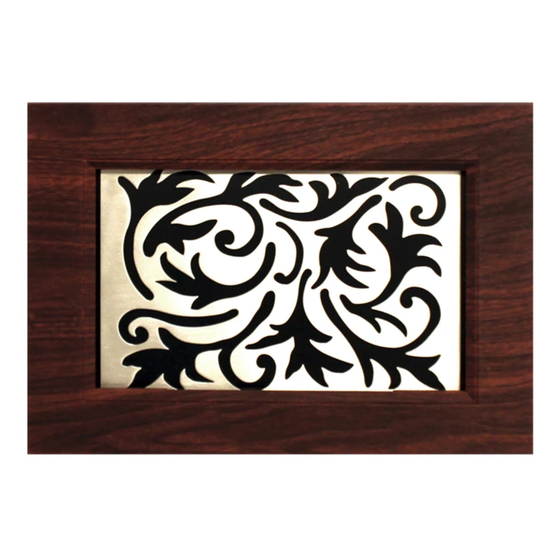 Brown Wood Wireless Pushbutton Doorbell With Satin Nickel Scrollwork Insert