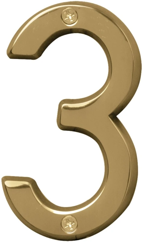 4 Inch Polished Brass Gold House Number 3 Nail-on With Mounting Hardware