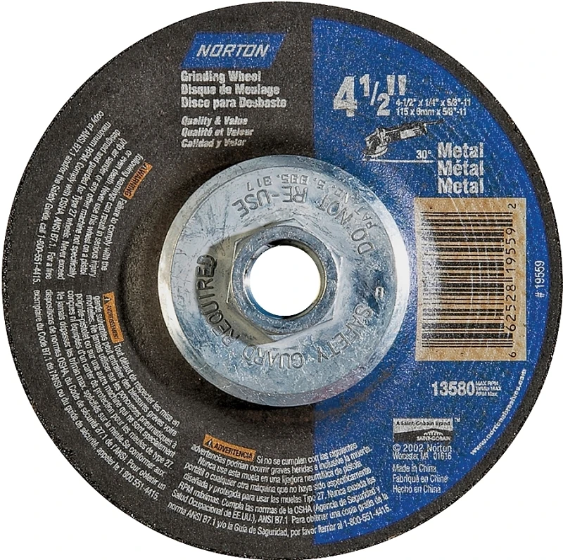 4.5 In. Aluminum Oxide Grinding Wheel, 1/4 In. Thick, Type 27, 13580 Rpm