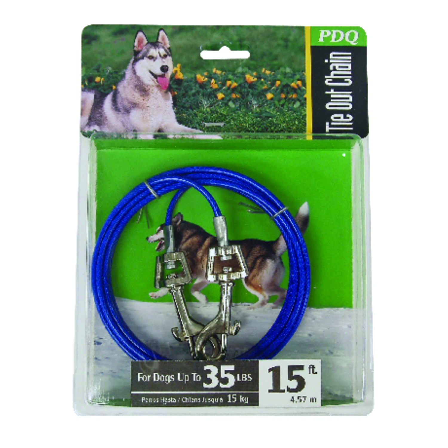 Pdq Blue/silver Vinyl Coated Cable Dog Tie Out - 15 Ft Medium For Dogs Up To 35 Lbs