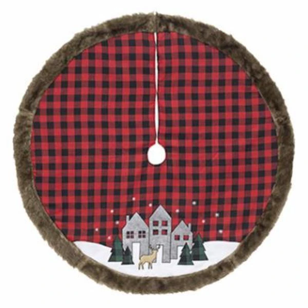 Plaid Tree Skirt with Red and Black Pattern, Faux Fur Trim, 48-Inch Diameter