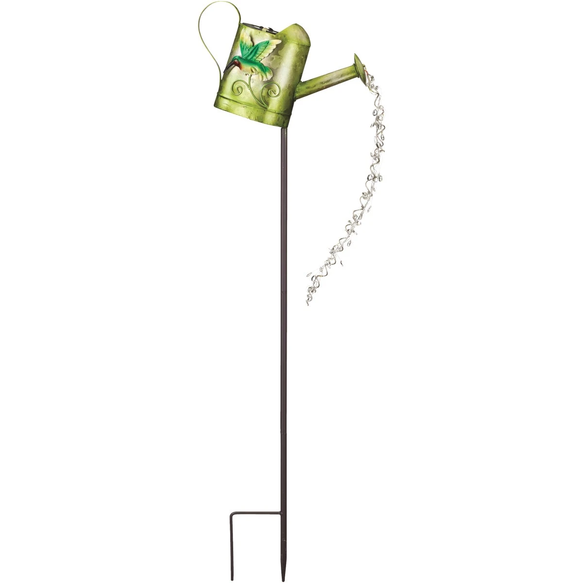 35 In. Green Hummingbird Watering Can Led Solar Stake Light
