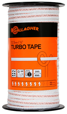Electric Fence Turbo Tape, White, One Half Inch by Six Hundred Fifty Six Feet