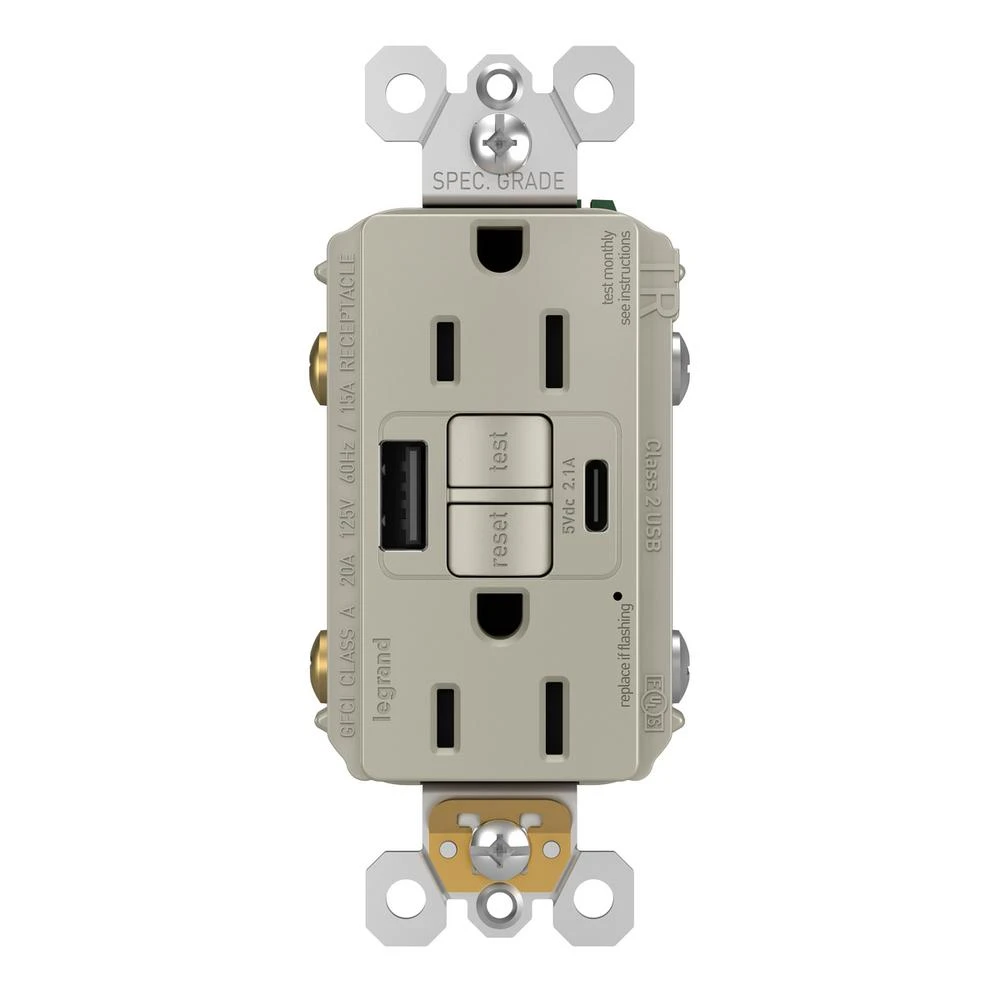 Radiant 15a Tamper-resistant Self-test Gfci Usb Type-a/c Outlet, Nickel