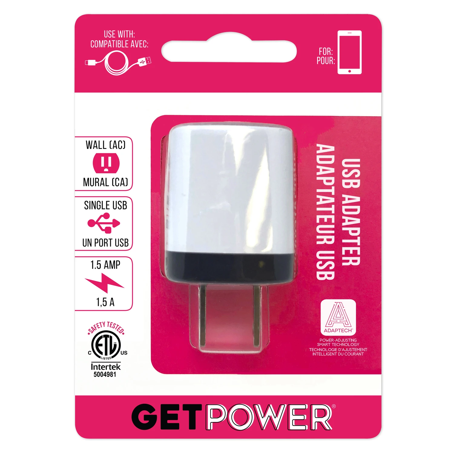 USB Wall Adapter 1.5 Amp Assorted Colors Single Pack