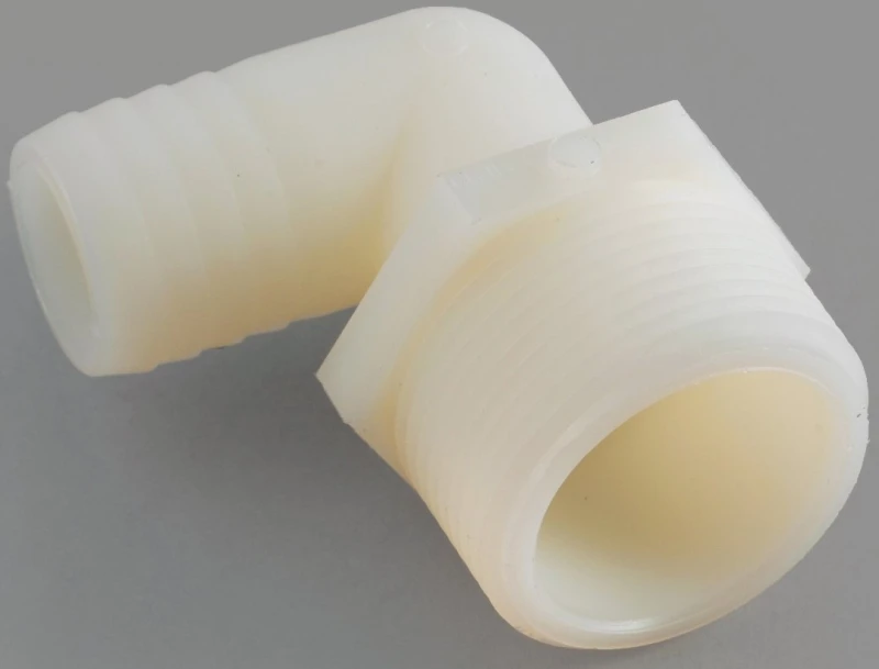 Nylon Hose Barb Elbow Connector, Three Eighths Inch Inner Diameter by One Quarter Inch Male Pipe Thread
