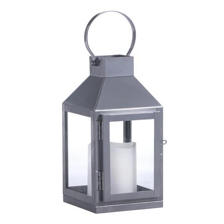 Silver Metal Lantern with LED Candle, 8 Inch Height, Decorative Lighting