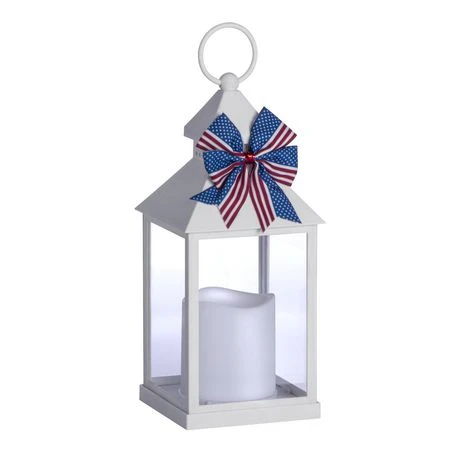 White Americana Resin Lantern with LED Candle, 10.75 Inches Tall