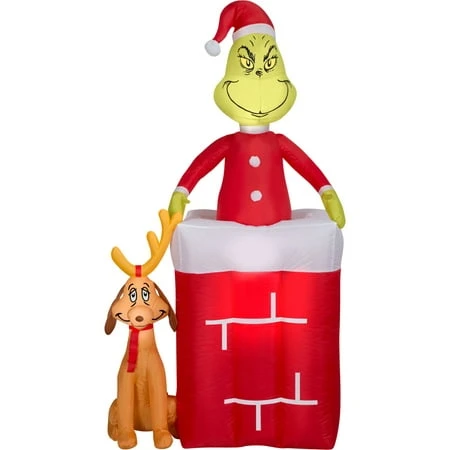 Dr. Seuss Grinch in Chimney Inflatable Animated Christmas Decoration with LED Lights, 6 Feet Tall