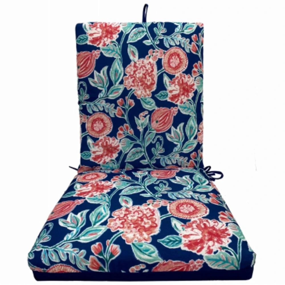 Patio Premiere Seating Cushion, Blue Floral Reverses to Solid, 44 x 21 x 4 In.