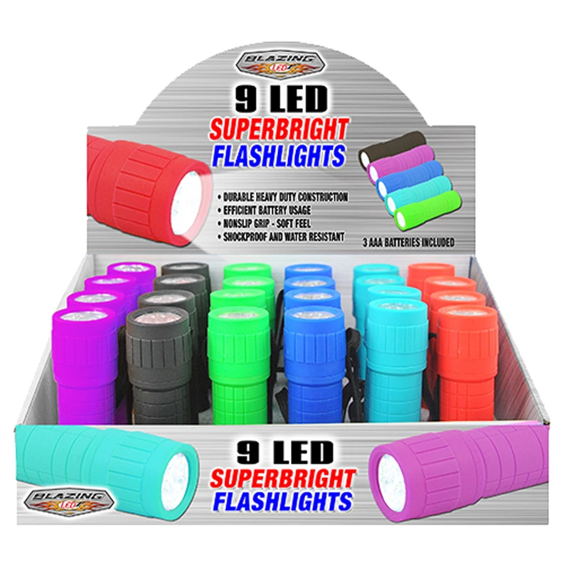 9 Led Super Bright Flashlight - Assorted Colors, Aaa Battery