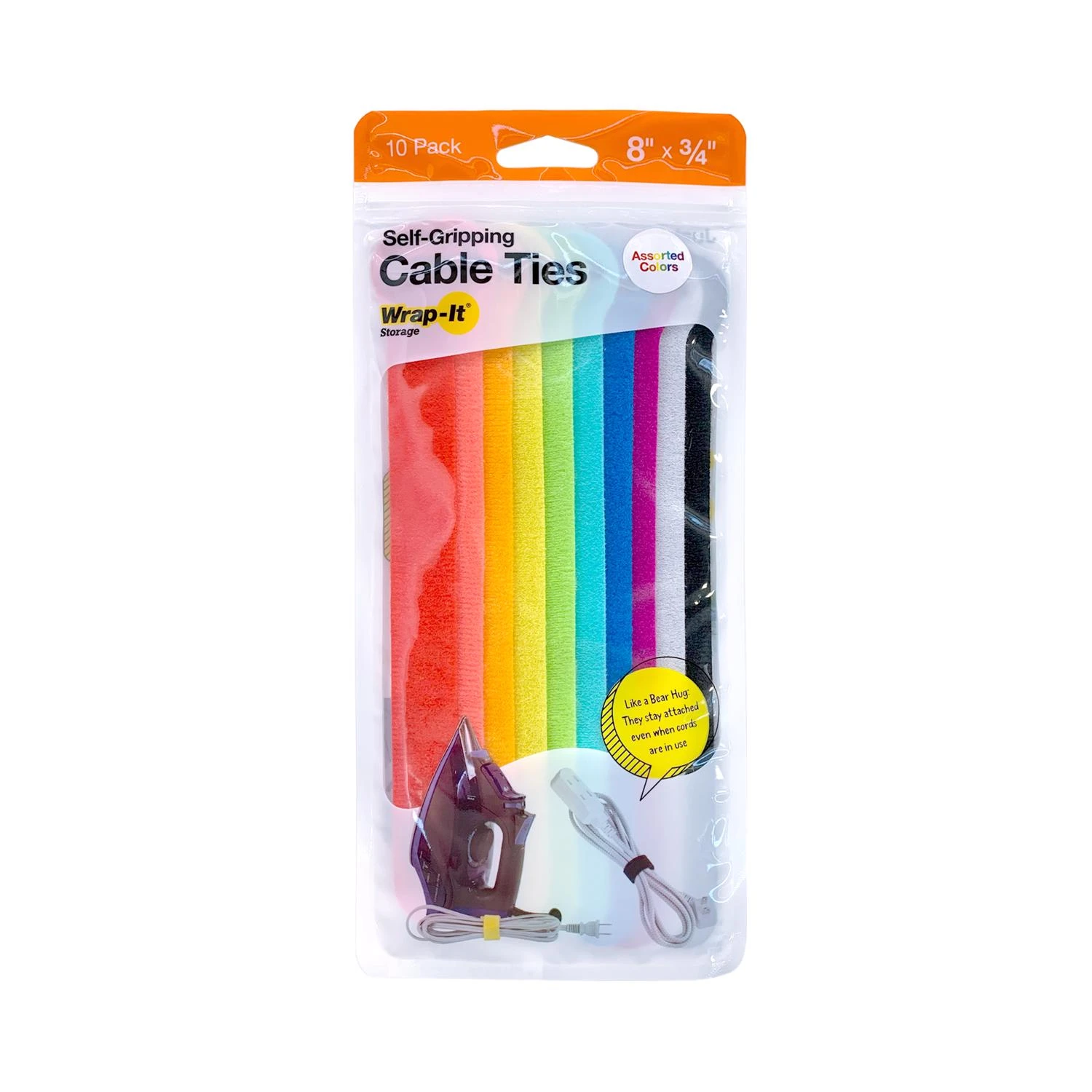 Self-Gripping Cable Ties, Reusable, Multi Color, 1/2 x 8 In., 10-Pk.