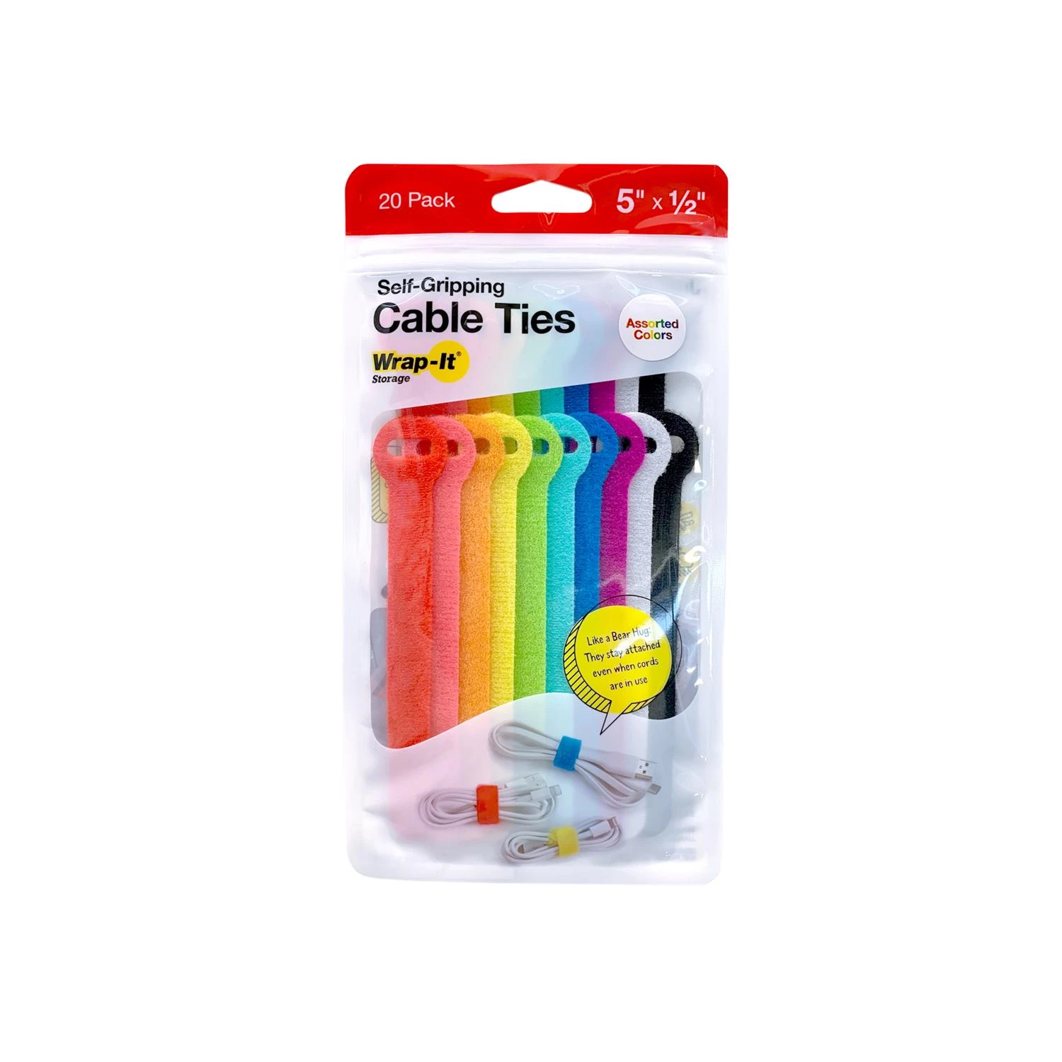 Self-Gripping Cable Ties, Reusable, Multi Color, 1/2 x 5 In., 20-Pk.