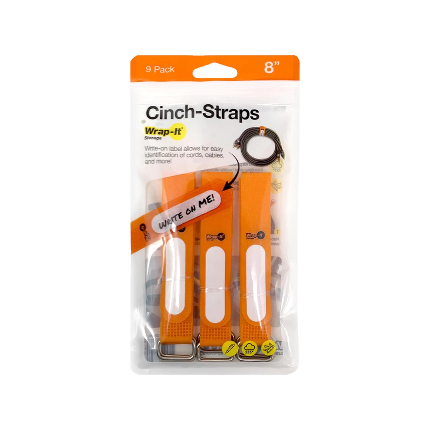 Cinch-Strap Storage Straps, Orange, 8-In., 9-Pk.