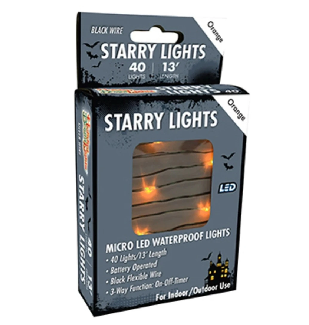 Halloween Led Micro 40-light Set, Orange, Black Wire, Battery Operated, 13' Long