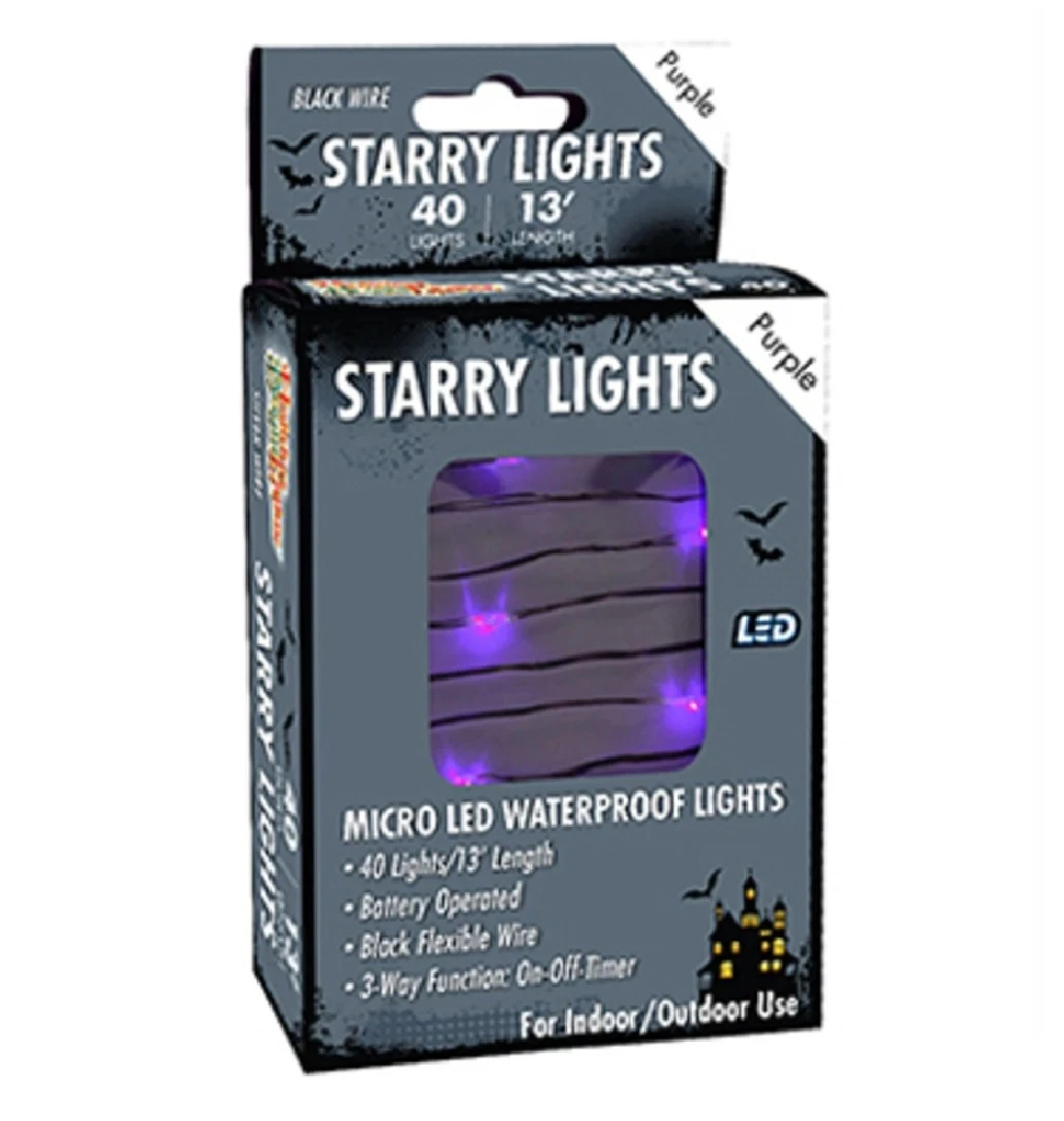 Halloween Led Micro 40-light Set, Purple, Black Wire, Battery Operated, 13' Long