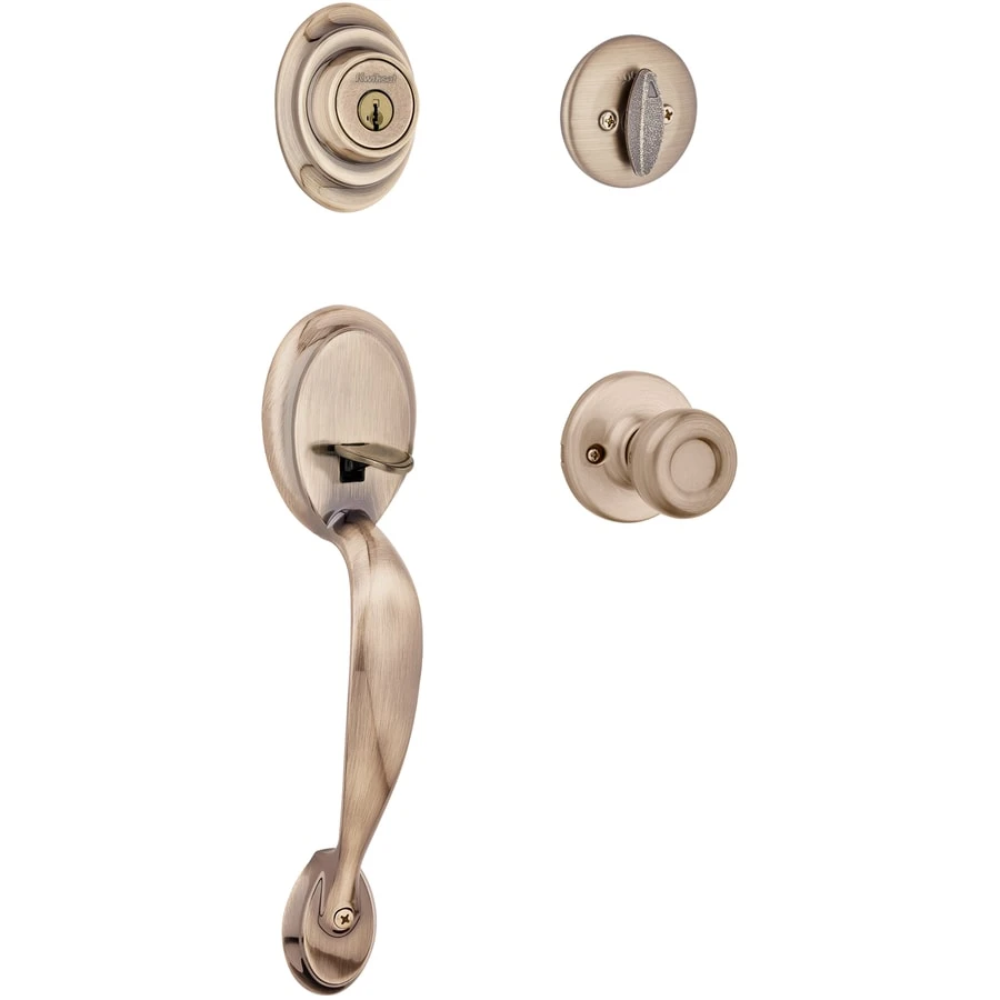 Antique Brass Dakota Entry Handleset with Deadbolt Lock and Key, Durable Metal Construction